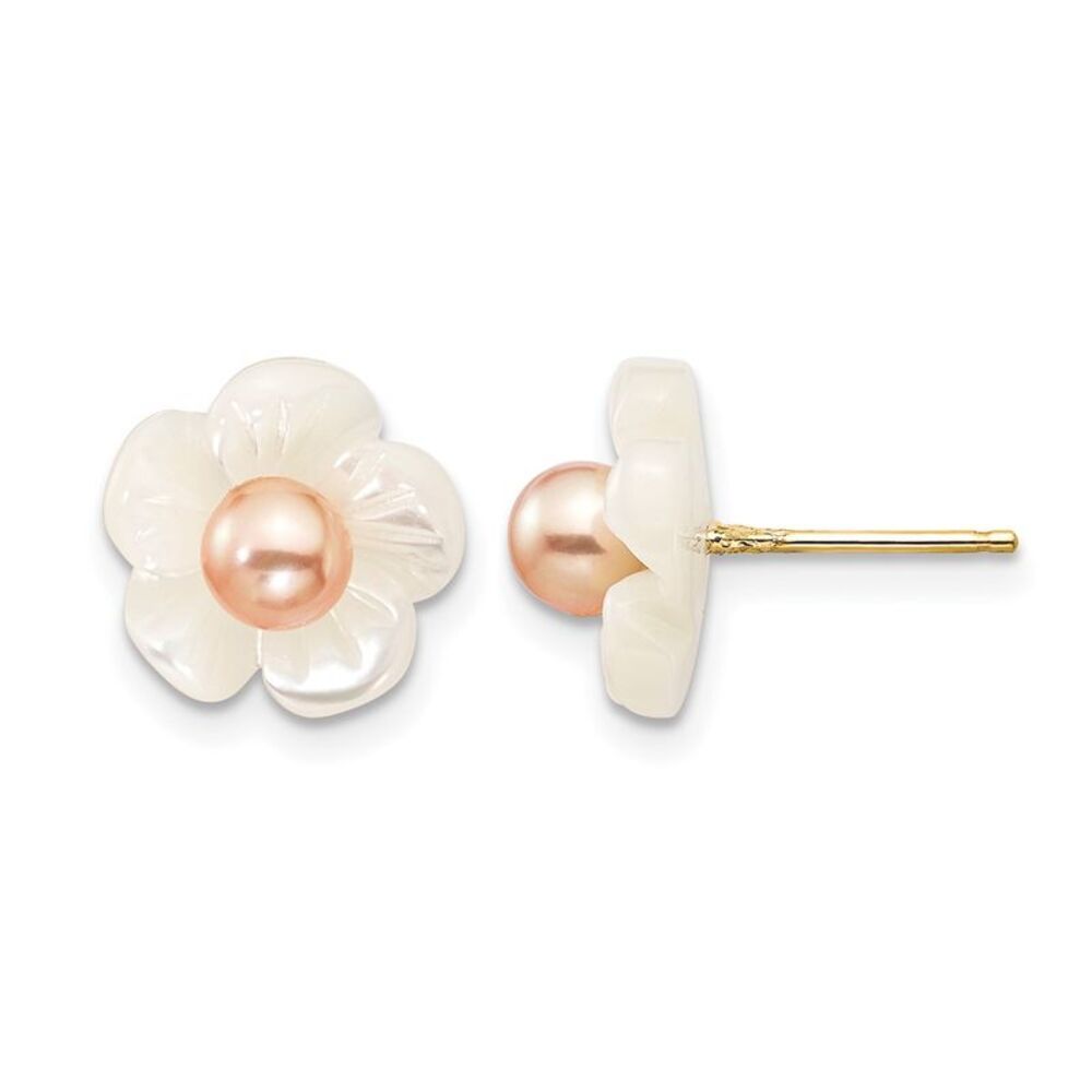 14K Gold Filled 3-4mm Pink FWC Pearl MOP Flower Post Earrings, 11mm